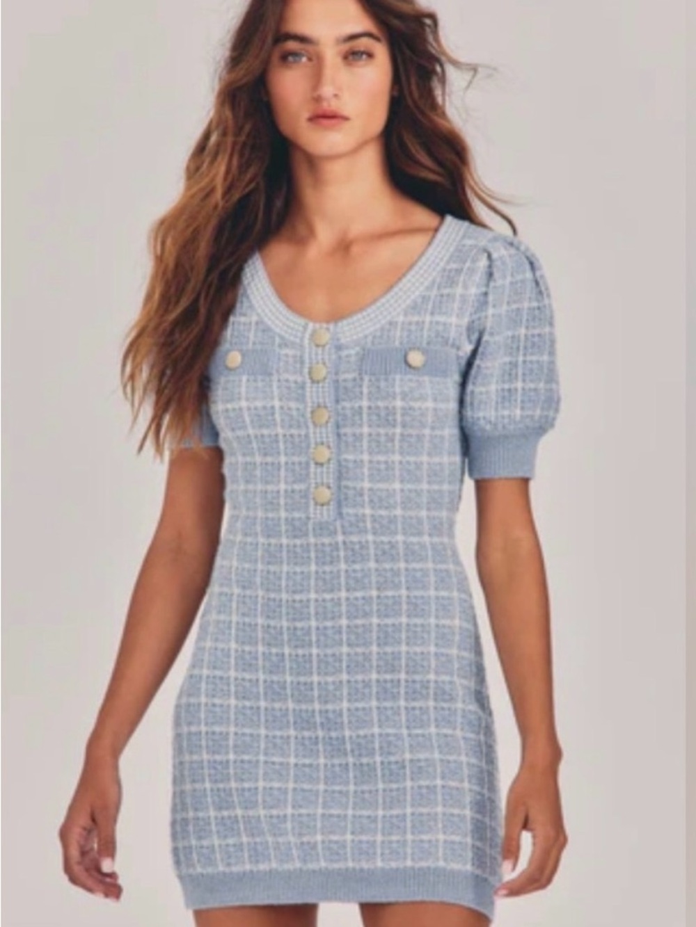 LoveShackFancy Light Blue Plaid Knit Mini Dress